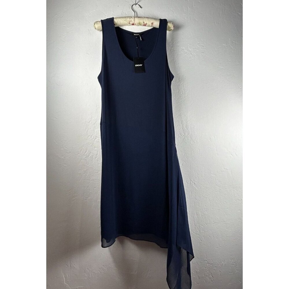 DKNY Womens Scoop Neck A-Line Midi Dress XL Sheer Asymmetric Blue Casual New $89